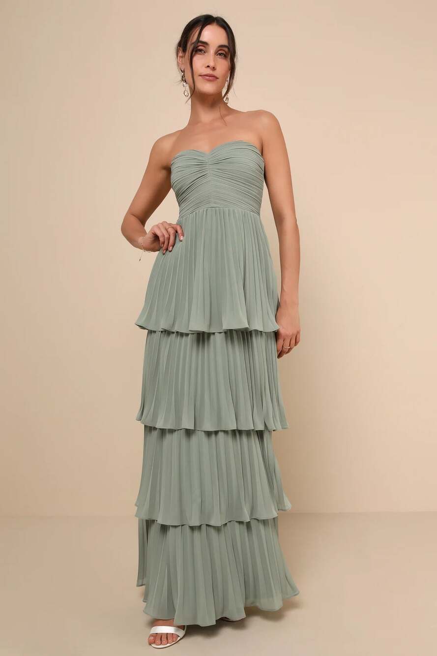 NWOT Lulu's Seriously Sensational Sage Brush Strapless Tiered Maxi Dress Medium